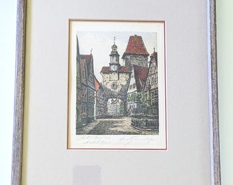 Rothenburg ob der Tauber framed etching, signed. Original art from Germany.