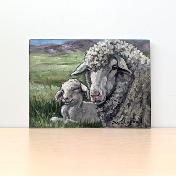 ヴィンテージの羊と子羊の油絵：田園風農家の壁アート、素朴な動物の