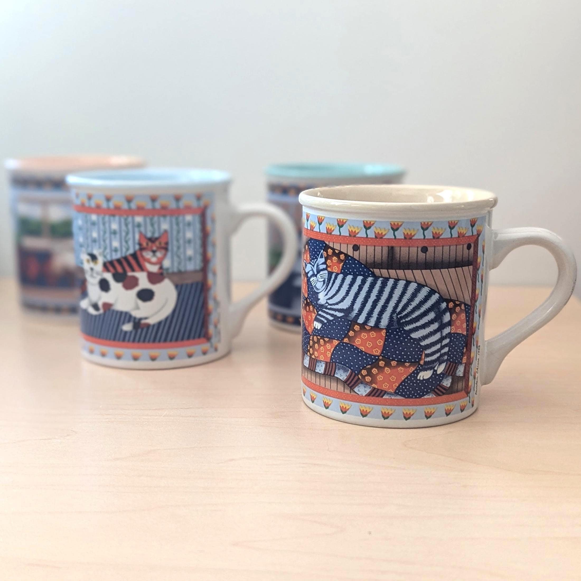 Vintage Kristen Chiara Cat Mugs, Set of Four, Pastel Interiors