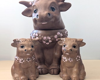 Tarro para galletas, salero y pimentero vintage Twin Winton Ferdinand el Toro, juego de cocina de los años 60.