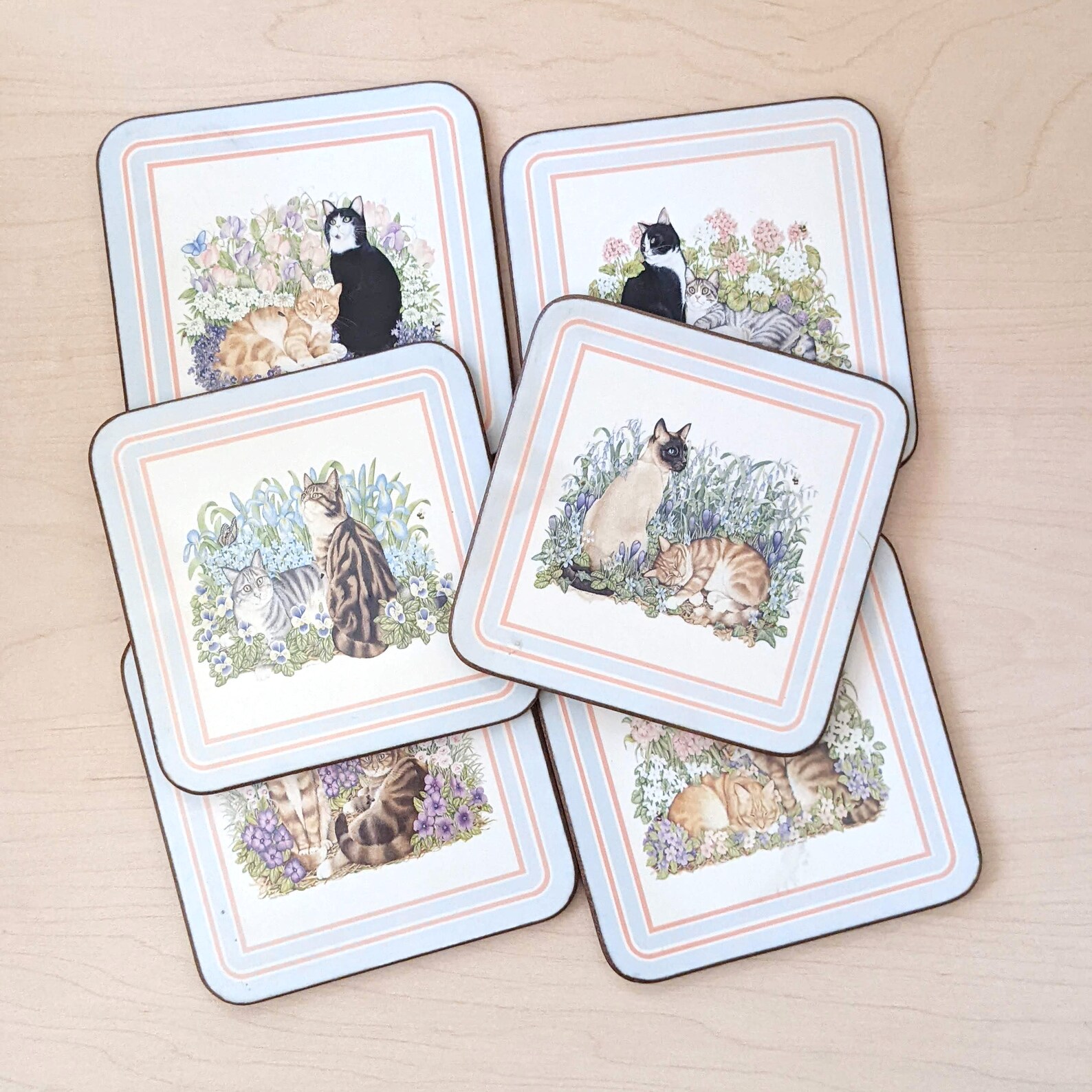 Cats in the Garden. 1980s Pimpernel Coaster Set Made in Etsy
