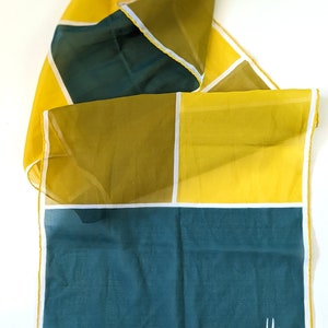 Vintage Vera scarf. Green, brown and yellow blocks, 1970s oblong polyester.