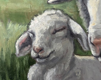 ヴィンテージの羊と子羊の油絵：田園風農家の壁アート、素朴な動物の