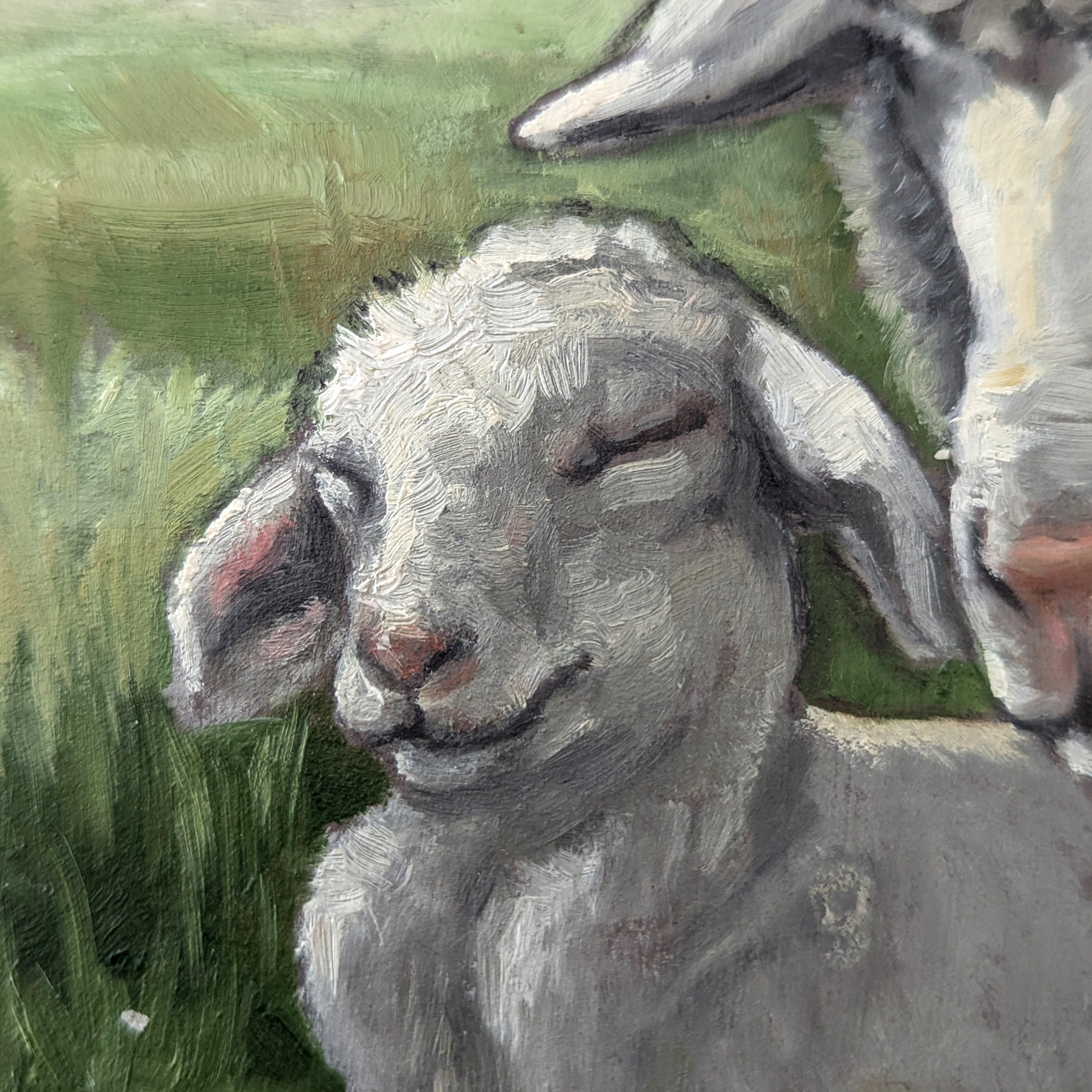 ヴィンテージの羊と子羊の油絵：田園風農家の壁アート、素朴な動物の