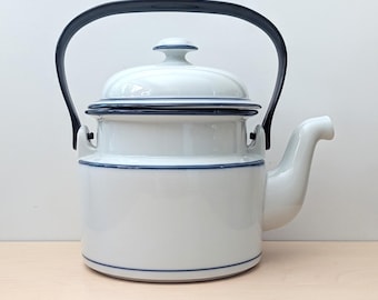 Dansk Bistro teapot, blue rim ceramic, Niels Refsgaard, 1980s Japan, Scandinavian modern