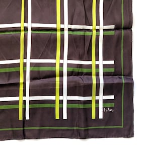 May include: A dark brown silk scarf with a grid pattern of white, green, and yellow stripes. The scarf has the word "Echo" in the bottom right corner.