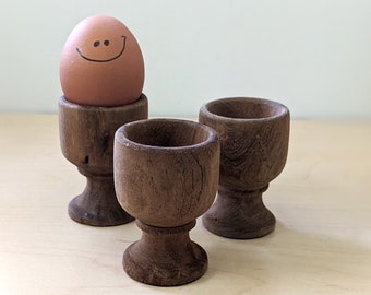 Vintage hand turned wooden egg cups, set of three.