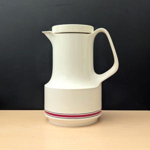 Vintage 1980s Thermos Bettina, West Germany, White with Red Stripes, Mid Century Modern Coffee Carafe