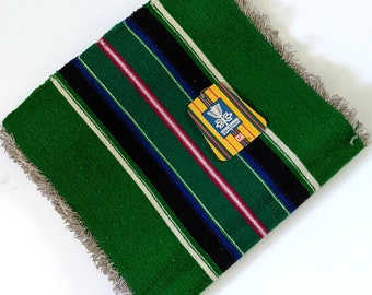 Vintage 1970s hand loomed Polish folk art table runner.   Green with colorful stripes.