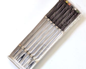 Tenedores de fondue vintage, juego de 6, mangos de madera, caja original, 10,25 pulgadas