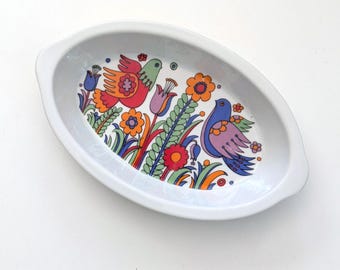 Condiment dish, Royal Crown Paradise, 1970s porcelain ovenware, birds and flowers, 8.75 inch