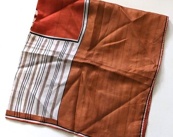 Vintage Vera Scarf. Geometric red, brown and white silk, vintage 1970s square.