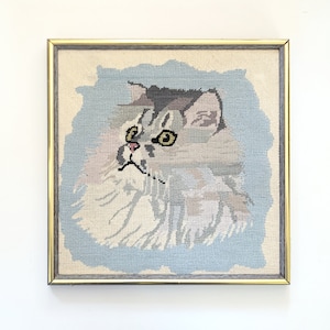 Pensive Cat vintage 1980s embroidery needlepoint cat picture.