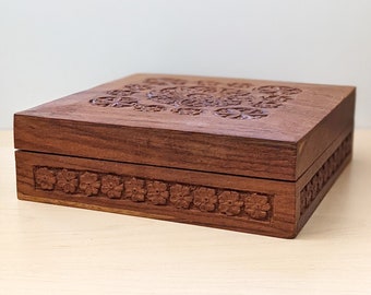 Carved folk art handmade vintage wood box.