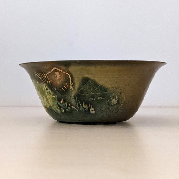 Sascha Brastoff 1950s Green Enamel Small Bowl, Signed Mid Century Modern  Serving. 