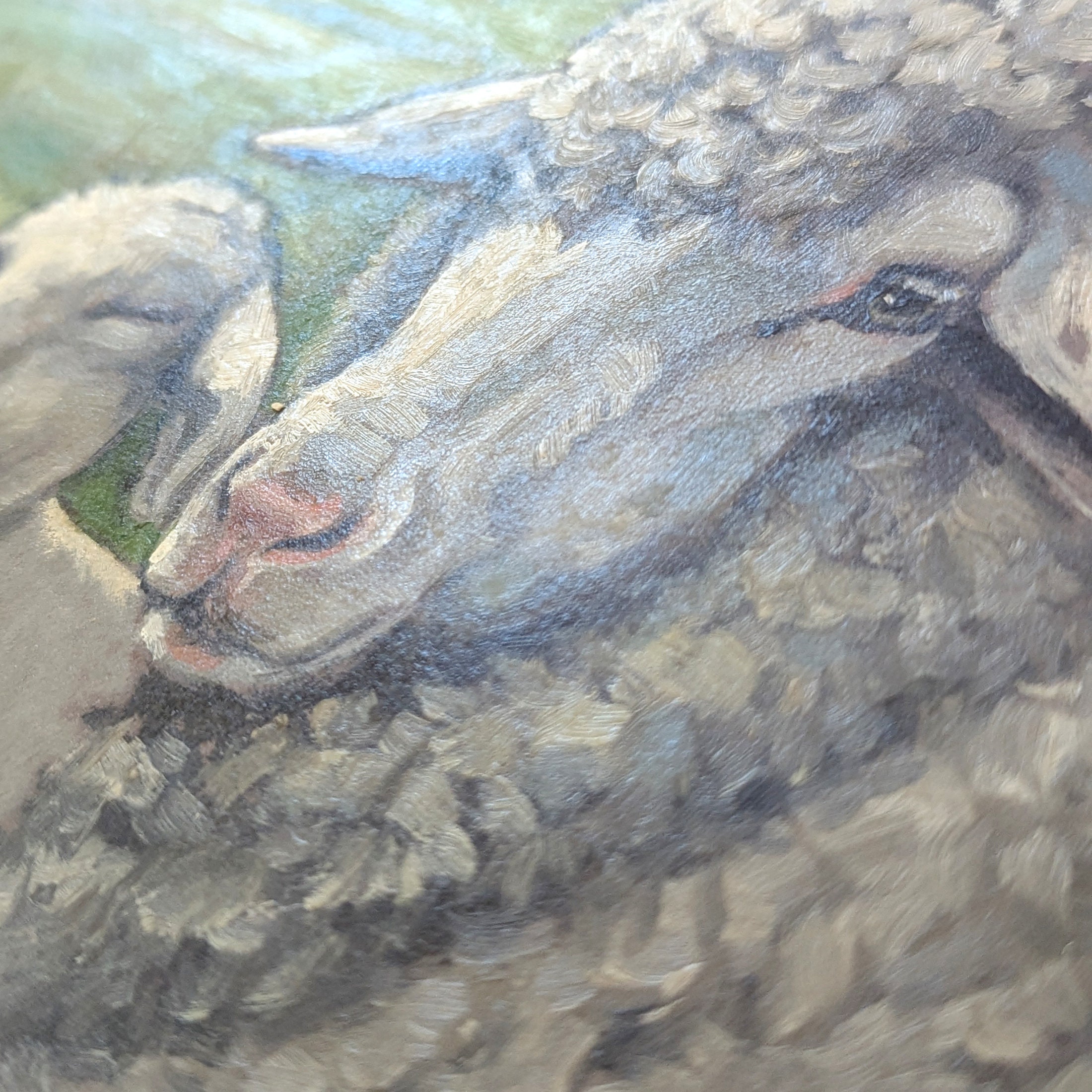 ヴィンテージの羊と子羊の油絵：田園風農家の壁アート、素朴な動物の