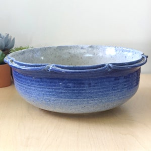 Bill Shinn blue stoneware bowl, 1980s signed studio pottery, handmade ridged glaze ceramic