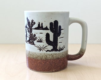 Vintage Otagiri stoneware mug with desert scene and cacti.