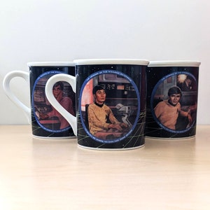 Star Trek Mug Collection mugs. 1980s collectibles featuring Uhura, Sulu, Chekov.