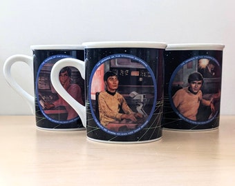 Star Trek Mug Collection mugs. 1980s collectibles featuring Uhura, Sulu, Chekov.