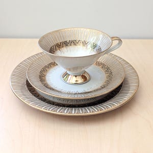 1950s Bavarian Porcelain Trio,  Cup, Saucer & Plate with Gold Art Deco Trim