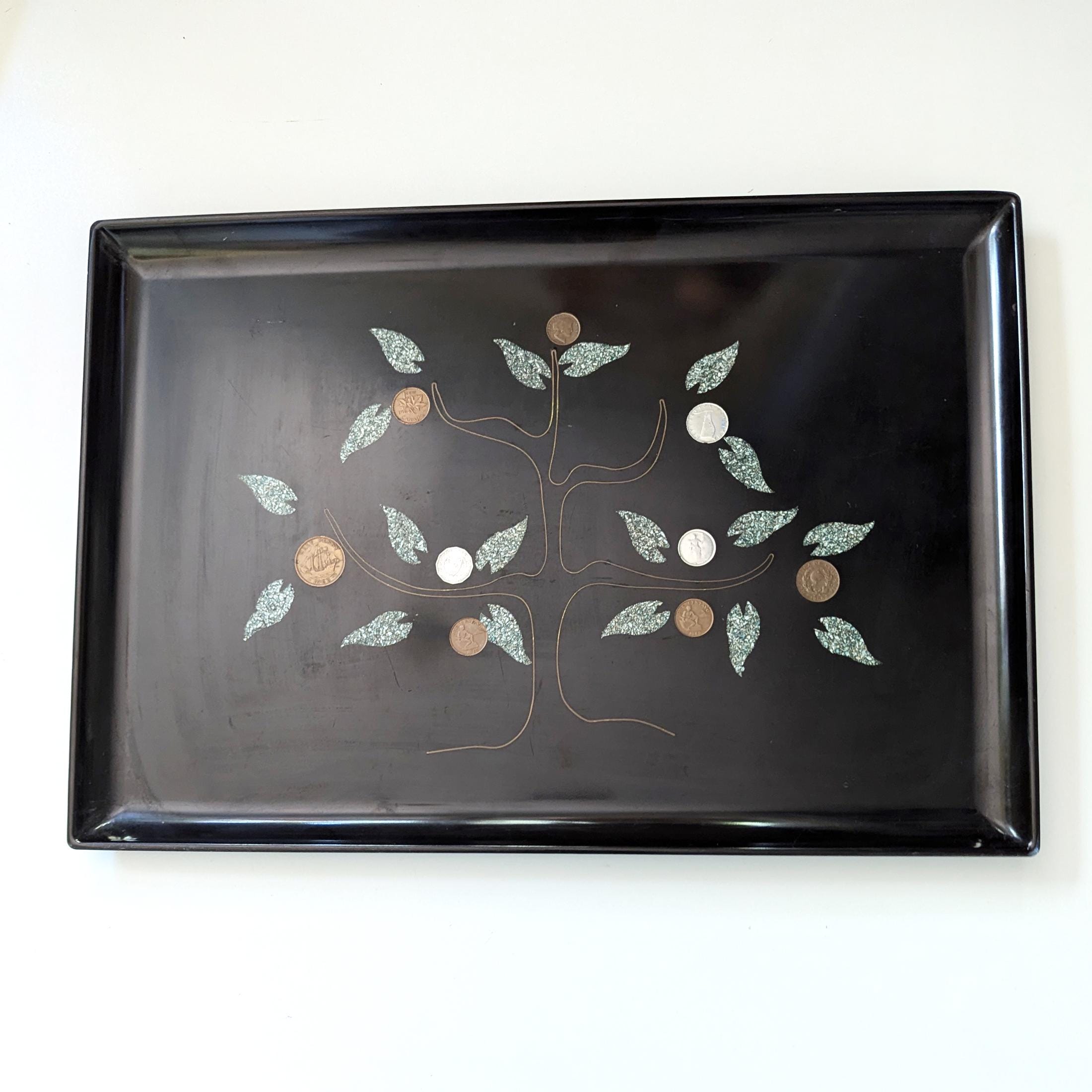 Couroc Money Tree Tray: Mid-Century Inlaid Coin & Abalone Decor