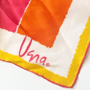 Scarf, Vera Neumann, 1970s square, orange pink yellow stripes, signed, 21 inch