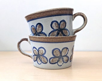 1970s floral stoneware mugs or cups, set of two.