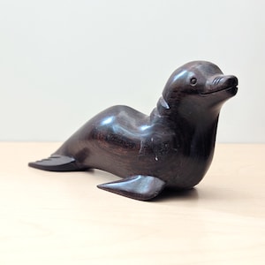 Sea lion ironwood figurine, vintage hand carved, mid century modern, 7.5 inches