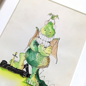 Illustrazione di un drago verde stravagante: opera d&#39;arte fantasy vintage firmata, incorniciata (12x15 pollici)