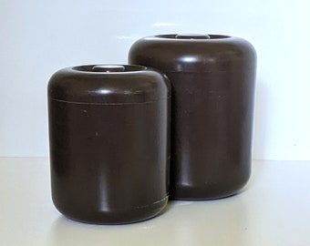 Mod storage. Vintage brown Don Dame Trend Pacific kitchen canisters.