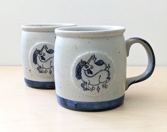 Unicorn vintage 1980s stoneware mugs.