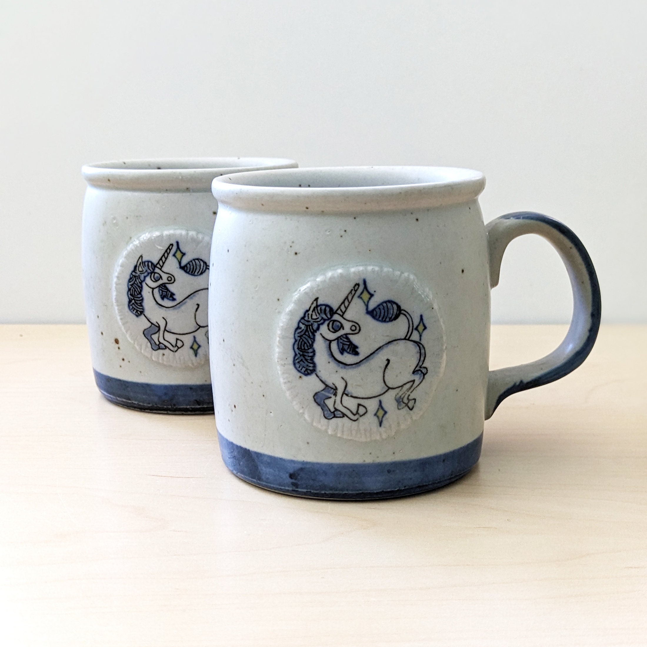 Unicorn vintage 1980s stoneware mugs.