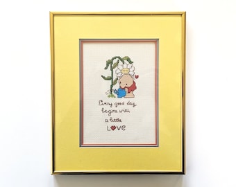 Every Good Day Begins with a Little Love. Vintage 1970s framed Ziggy needlepoint.