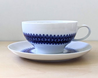 Thomas Germany blue band cup and saucer, 1970s West German porcelain, cobalt lace motif