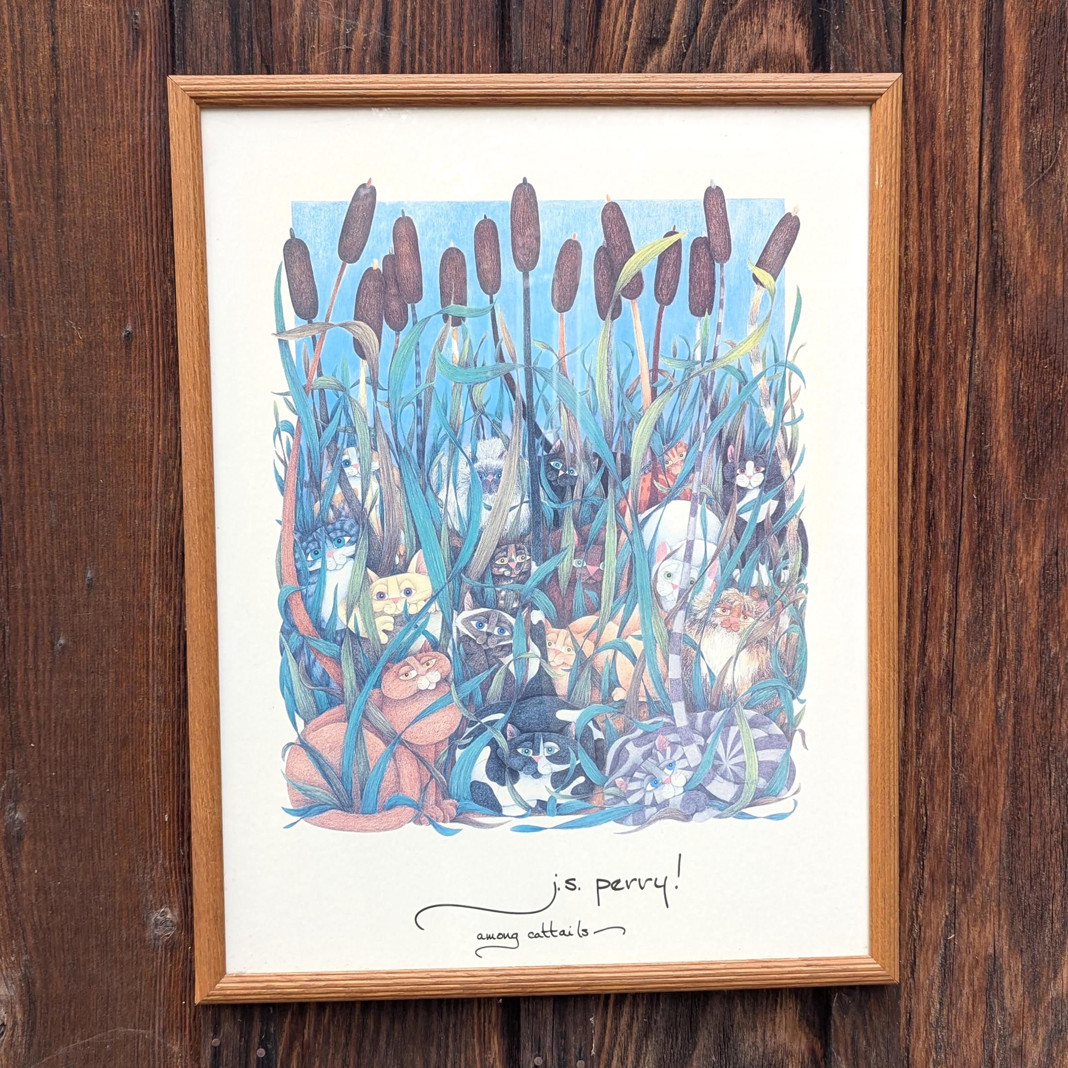 Vintage J S Perry Cat Poster, Among Cattails Print, 1980s Framed
