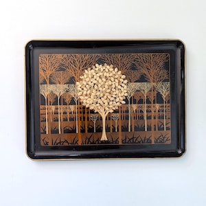 Drink tray, Otagiri Japan, black lacquer, golden tree motif, 1980s, 13.75 x 10.75