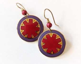 Vintage Laurel Burch cloisonne earrings, Myth pattern.