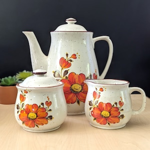 Vintage 1970s Orange Flower Coffee Set – Made in Japan, Coffee Pot, Sugar Bowl & Creamer