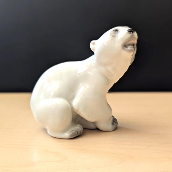 Vintage Lomonosov Porcelain Polar Bear Cub Figurine: Made in USSR