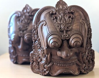 Vintage Bali Bapan Javanese boma mask carved bookends.