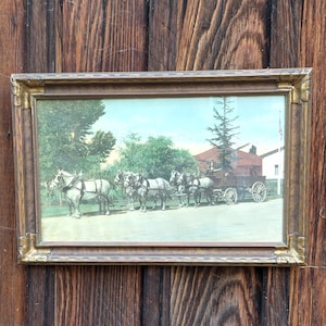 Antike handkolorierte 1910er Jahre gerahmte Fotografie von Zugpferden und Wagen