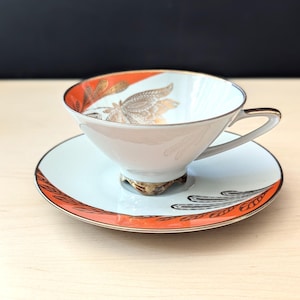 Bareuther Waldsassen Bavaria cup and saucer, mid century German porcelain, orange and gold, footed teacup