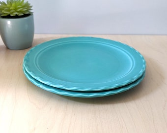 Blue colorware plates. Early mid century American serving dishes.