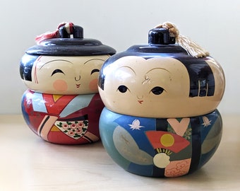 Vintage Japanese kokeshi bento lacquer ware bowl set, girl and boy.