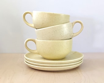 Mid century modern Laurel Ceramastone California Pottery cups and saucers, set of three.