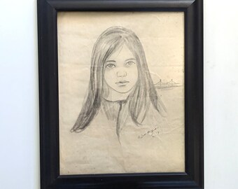 San Francisco Girl. 1970s framed original portrait pencil drawing.