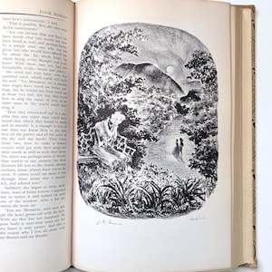 May include: An open book featuring a black and white illustration of a landscape with figures. The text "JULIE ROMAIN" is visible. The image shows trees, a path, and figures. The book's pages are off-white.