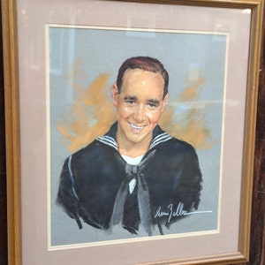 Portret, lachende zeeman, pastelkleuren uit de jaren 80 op papier, ingelijst, gesigneerd, 29 x 26 inch