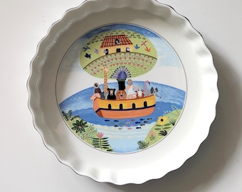 Plato para tarta vintage Villeroy & Boch, diseño Naif: Escena de arte popular del Arca, 23 cm